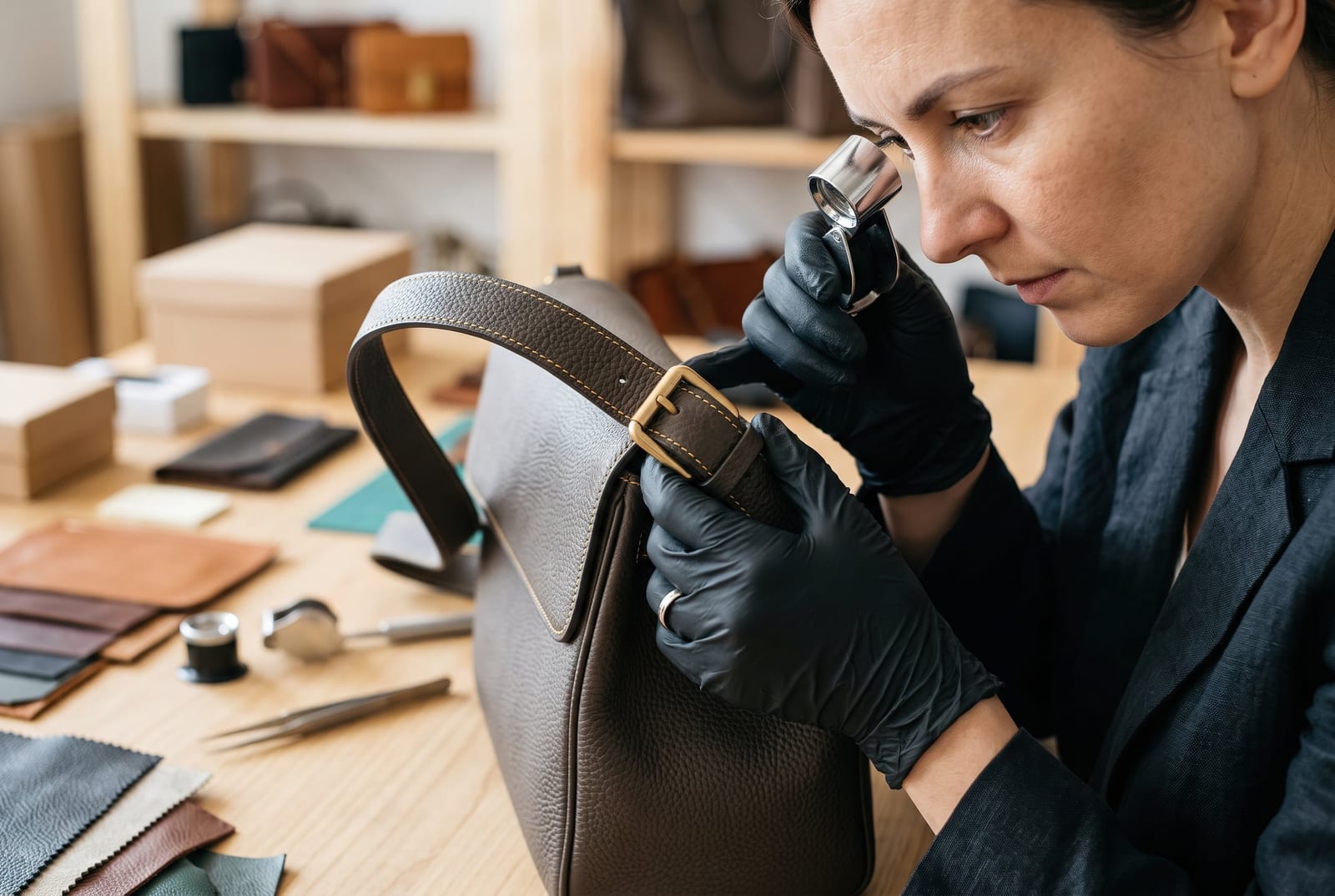 Artesã examinando uma bolsa de couro com uma lupa em uma oficina